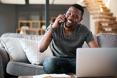 Buy stock photo Phone call, laptop and relax with black man on sofa for online shopping order, remote work and planning. Social networking, communication and contact with guy in living room at home for website