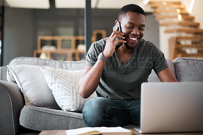 Buy stock photo Phone call, laptop or black man with communication for networking, telemarketing or planning schedule in living room. Remote work or employee smartphone for contact us, consulting or SEO planning