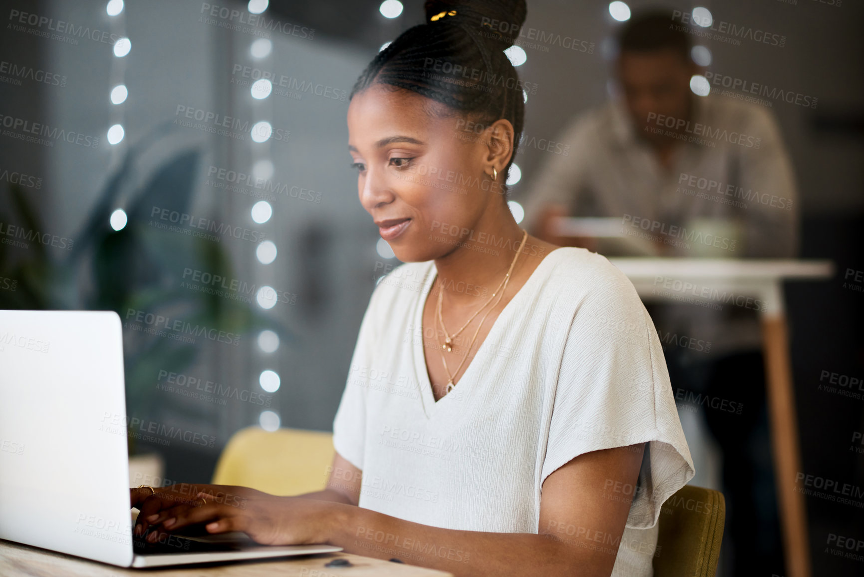 Buy stock photo Internet cafe and black woman with work laptop for remote work, connection and planning of ideas. Coffee shop, wifi and creative writer girl typing with focus, concentration and productivity.

