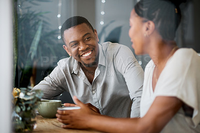 Buy stock photo Couple, restaurant and coffee with a man and woman bonding while relax in a cafe for care and love. Boyfriend, girlfriend and bond in a coffeeshop with an espresso for loving, caring relationship