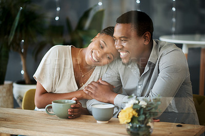 Buy stock photo Cafe, love and happy black couple on a date hugging, talking or holding hands while drinking coffee or tea. Happiness, relaxing and romantic black woman enjoys quality time with African partner 