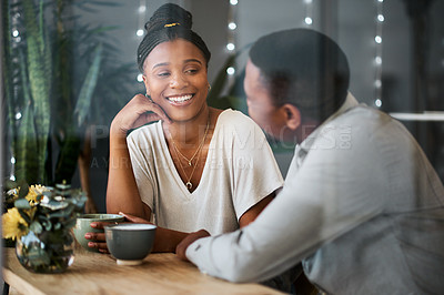 Buy stock photo Love, black couple and talking at cafe with coffee on romantic date. Coffee shop, communication and romance of man and woman speaking, discussion and having a conversation while drinking espresso.