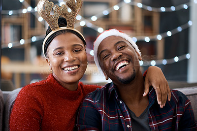 Buy stock photo Christmas, happy and portrait of black couple at celebration party with festive accessories and decoration. Happiness, love and African man and woman smiling at festive, holiday or xmas event at home