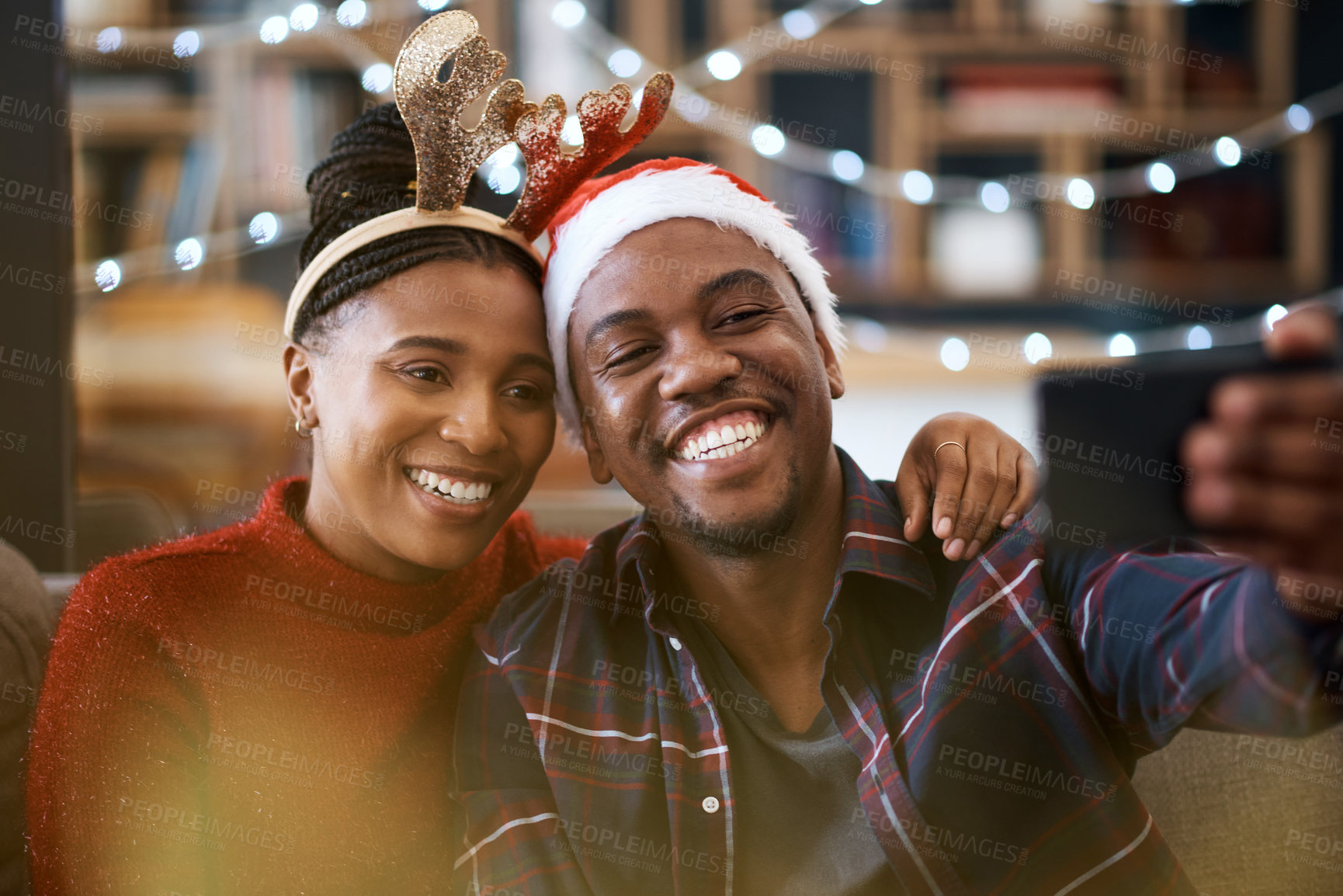 Buy stock photo Phone, selfie and couple relax in a city for christmas celebration, bonding and happy together outdoors. Black couple, photo and man with woman downtown for festive, fun and season cheer with mockup