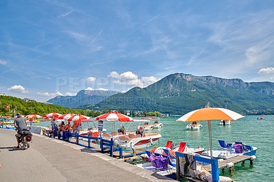 Buy stock photo Annecy, France, July, 17, 2019:  Lakef Annecy, The city of Annecy, Department of Upper Savoy, France., Department of Upper Savoy, France.