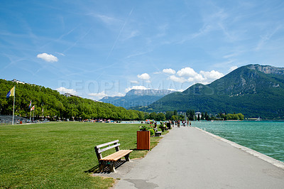 Buy stock photo Annecy, France, July, 17, 2019: Lakef Annecy, The city of Annecy, Department of Upper Savoy, France.