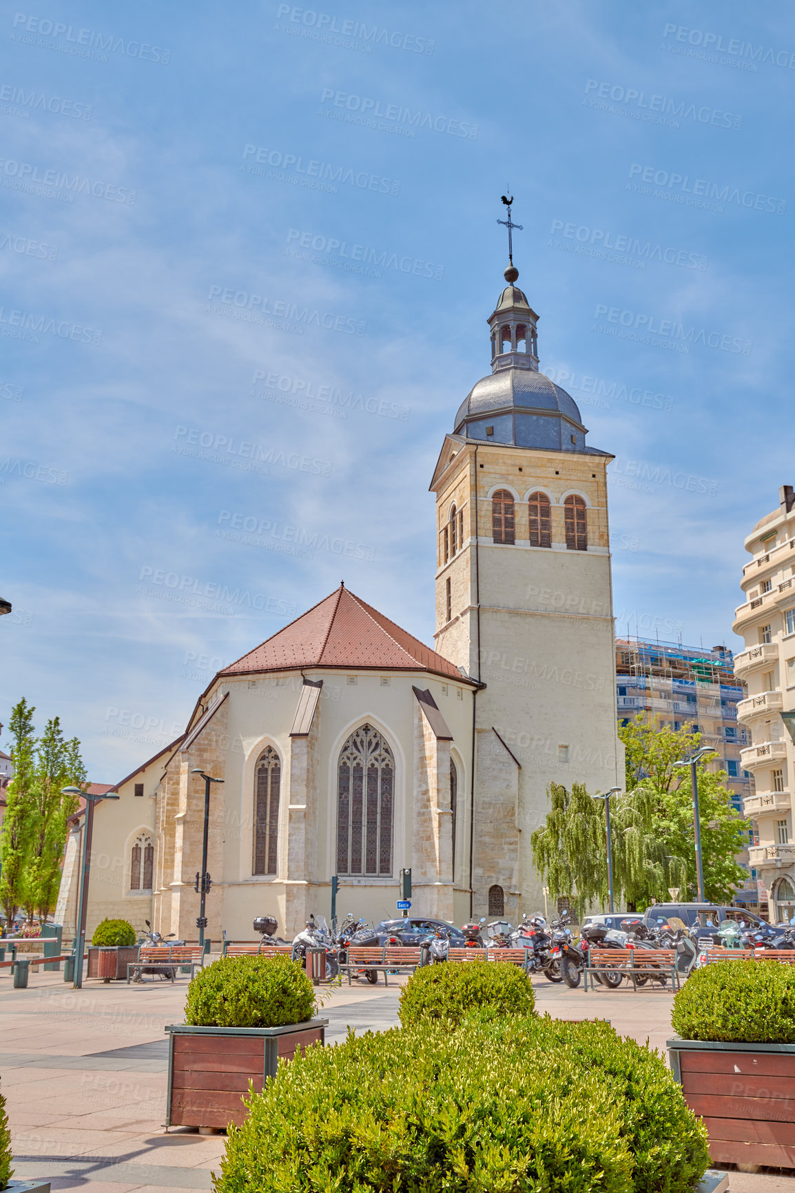 Buy stock photo Annecy, France, July, 17, 2019: Houses and street life in the famous medieval part of the city of Annecy, Department of Upper Savoy, France.