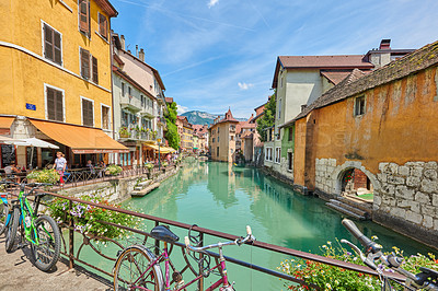 Buy stock photo Annecy, France, July, 17, 2019: Houses and street life in the famous medieval part of the city of Annecy, Department of Upper Savoy, France.