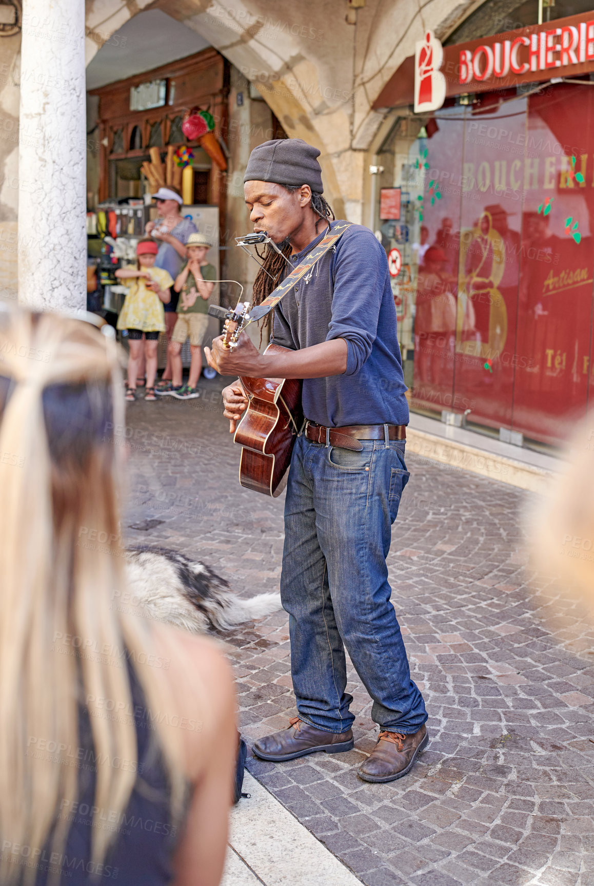 Buy stock photo Annecy, France, July, 17, 2019: Houses and street life in the famous medieval part of the city of Annecy, Department of Upper Savoy, France.