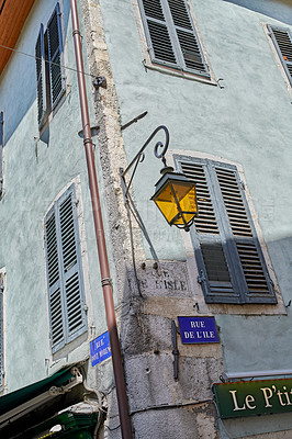 Buy stock photo Annecy, France, July, 17, 2019: Houses and street life in the famous medieval part of the city of Annecy, Department of Upper Savoy, France.