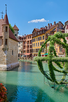 Buy stock photo Annecy, France, July, 17, 2019: Houses and street life in the famous medieval part of the city of Annecy, Department of Upper Savoy, France.