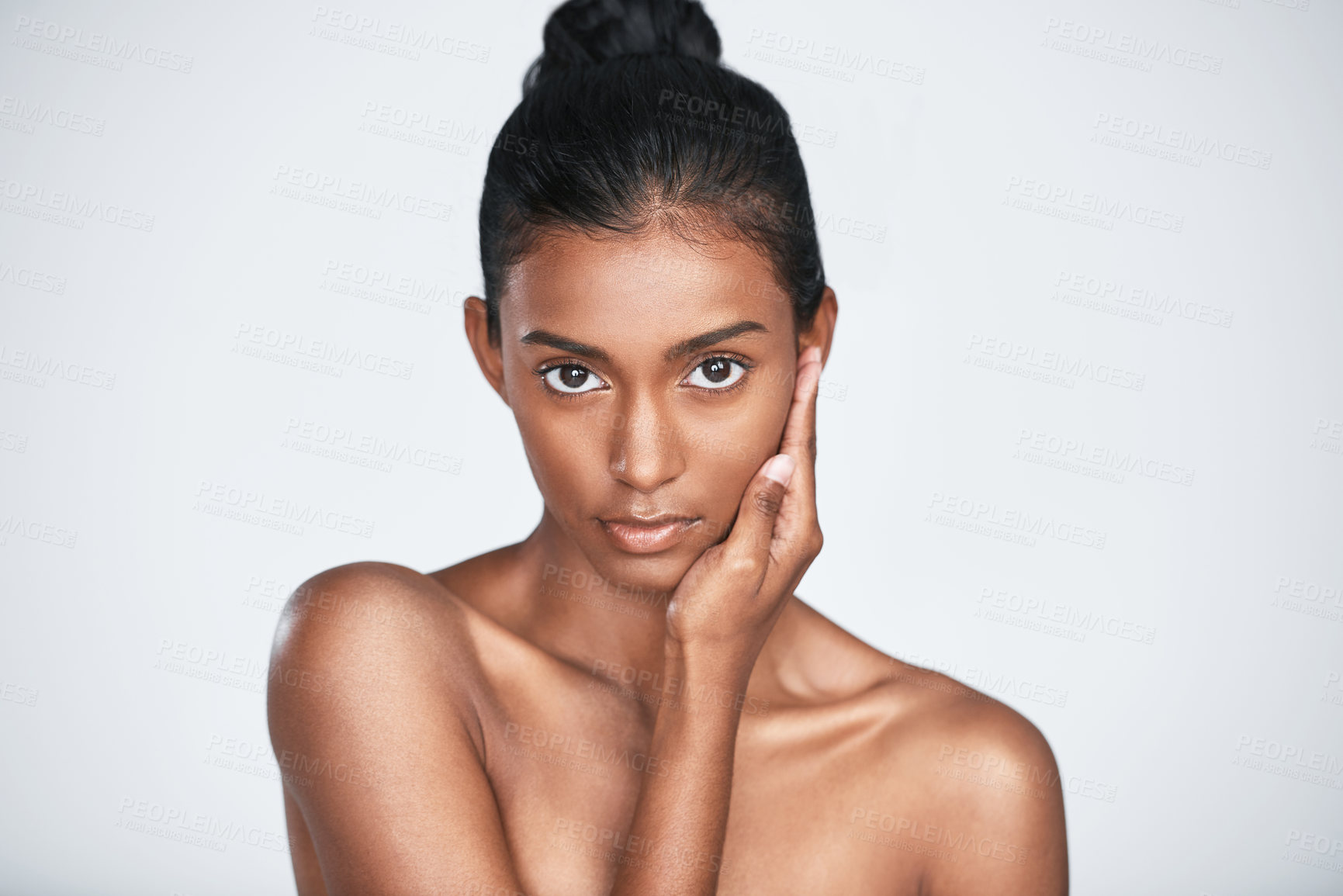 Buy stock photo Portrait, model and skincare in studio for salon treatment, body care and beauty on white background. Woman, confidence and natural glow for aesthetic, wellness or healthy shine and dermatology
