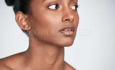 Buy stock photo Thinking, closeup or skincare of woman with space in studio on white background for facial glow. Beauty treatment, ideas or face of Indian model with cosmetics, foundation or transformation results