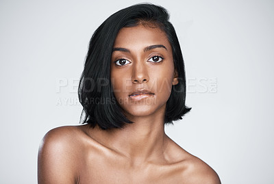 Buy stock photo Portrait, woman and skincare in studio for treatment results, body care and beauty on white background. Model, confidence and natural glow for aesthetic, wellness or healthy shine and dermatology