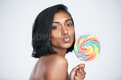 Buy stock photo Model, lollipop and portrait for skincare, beauty and wellness, health or diet on white background. Woman pout, smile and confectionary for sweet snack or candy for body care or dermatology in studio