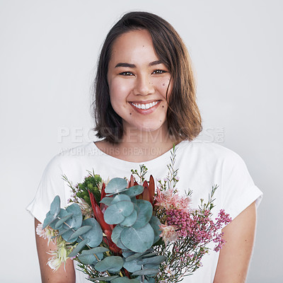 Buy stock photo Studio, bouquet and flowers with asian woman in portrait, surprise and present of plant for valentines day. Gift, female person and smile with floral bunch for anniversary, protea or white background