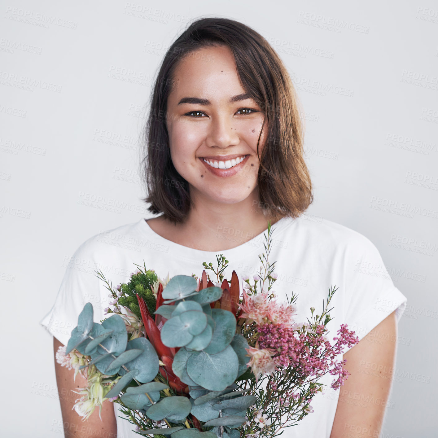 Buy stock photo Studio, bouquet and flowers with asian woman in portrait, surprise and present of plant for valentines day. Gift, female person and smile with floral bunch for anniversary, protea or white background