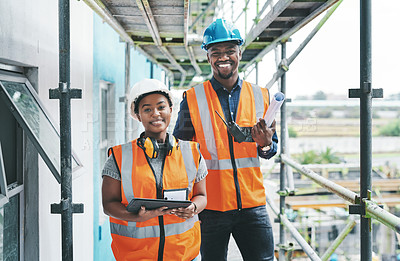 Buy stock photo Builder and engineer working together as a construction team on a building site and standing on scaffolding. Portrait of a man and woman in a hardhat and vest at work on a new development project
