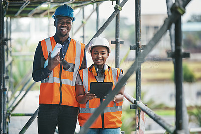 Buy stock photo Construction, building and civil engineering team or on site workers with a tablet and plans. Portrait of contractors working as a team feeling happy and ready to engineer and build in the city 