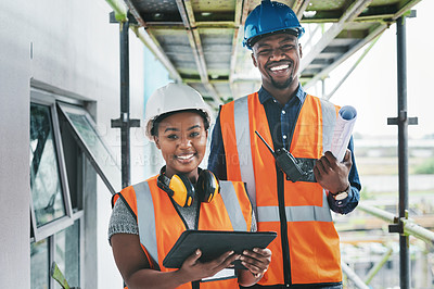 Buy stock photo Portrait of a young man and woman working at a construction site