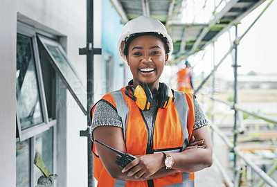 Buy stock photo Portrait of a young woman working at a construction site