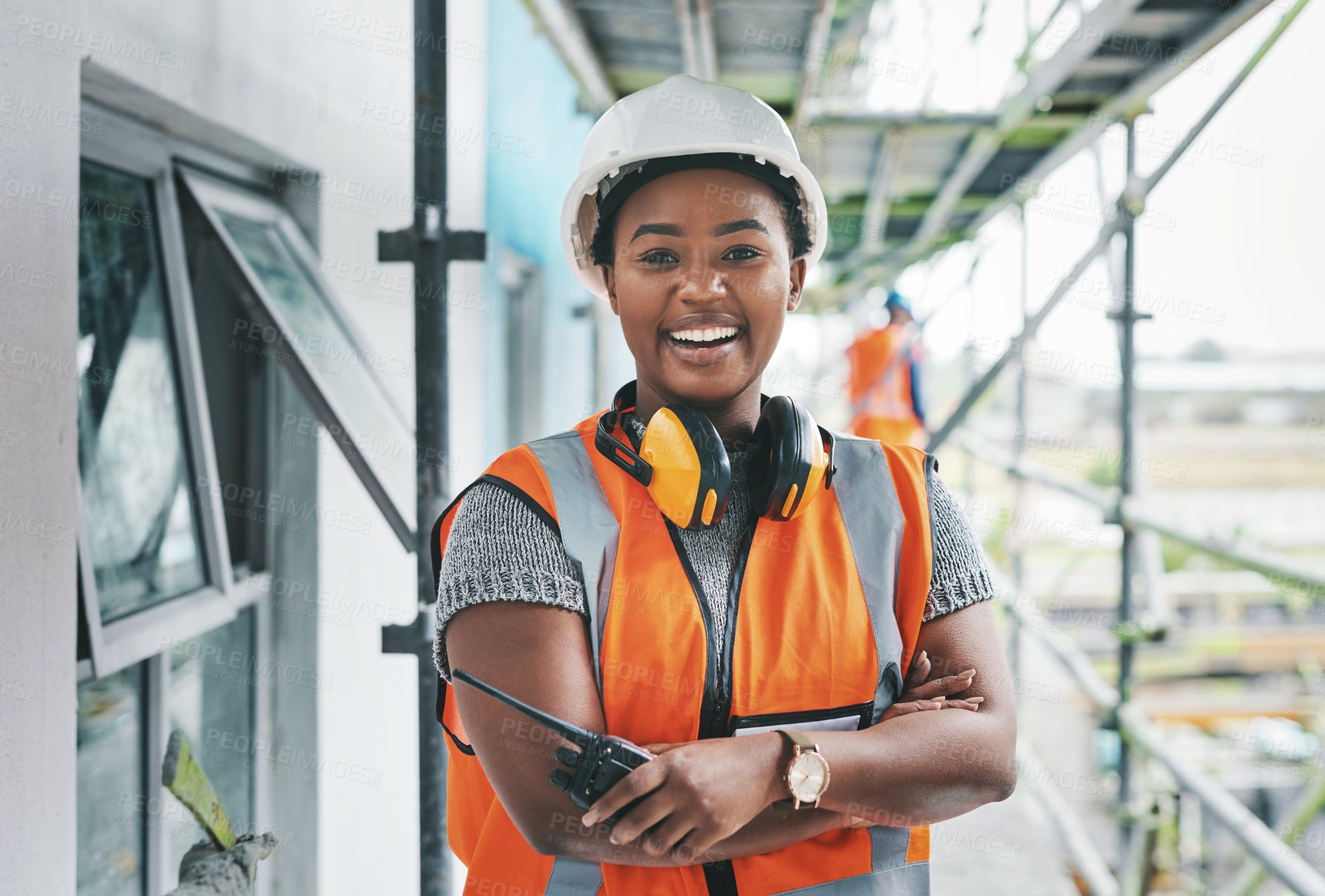 Buy stock photo Portrait of a young woman working at a construction site