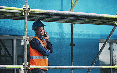 Buy stock photo Planning, construction and black man on site with phone call, communication and architecture. Property developer, contractor or project manager at scaffolding on smartphone chat for civil engineering