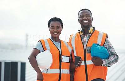 Buy stock photo Portrait, engineer team and smile of black people at construction site with coffee. Teamwork, architecture and happy African man and woman with tea, collaboration and cooperation with mockup space.