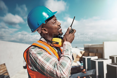 Buy stock photo Walkie talkie, black man and engineer with communication, construction and listening. African architect, radio and contractor planning industrial project, building maintenance and conversation