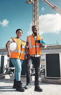 Buy stock photo Portrait, engineer team and happy black people at construction site with coffee. Teamwork, architecture and smile of African man and woman with tea, collaboration and building with mockup space.