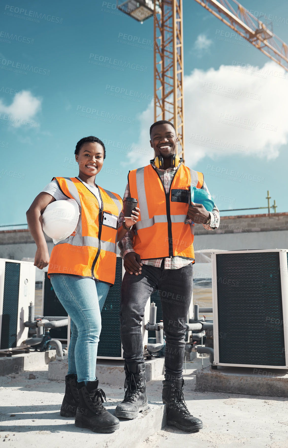 Buy stock photo Portrait, engineer team and happy black people at construction site with coffee. Teamwork, architecture and smile of African man and woman with tea, collaboration and building with mockup space.