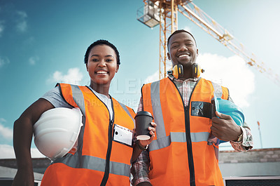 Buy stock photo Engineer team, portrait and smile of black people at construction site with coffee low angle. Teamwork, architect and happy African man and woman with tea, collaboration and building with mockup.