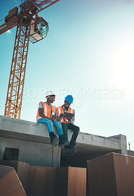 Buy stock photo Tablet, engineer and talking on building roof at construction site for vision, development or architecture. Black woman and man outdoor for engineering teamwork, mobile app or safety with sky mockup