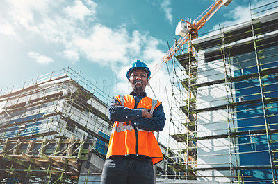 Buy stock photo Engineer, construction and portrait of a black man at building site for development and architecture. Male contractor happy about project management, engineering and safety inspection outdoor in city
