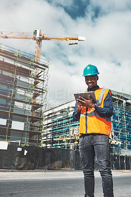 Buy stock photo Construction, tablet and engineer man outdoor for project management, development and architecture. Happy black male contractor with mobile app for engineering and safety inspection or city planning