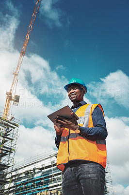 Buy stock photo Engineer man, construction and thinking with a tablet for project management, development and architecture. Happy black male contractor with mobile app for engineering, inspection or planning outdoor