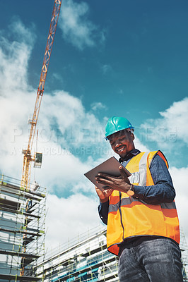 Buy stock photo Engineer man, construction and a tablet for project management, development and architecture. Happy African male contractor with mobile app for engineering and safety inspection or planning outdoor