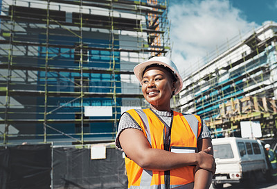 Buy stock photo Engineer, construction and a black woman thinking outdoor at building site for development and architecture. Female contractor happy for project management, engineering and equal opportunity in city
