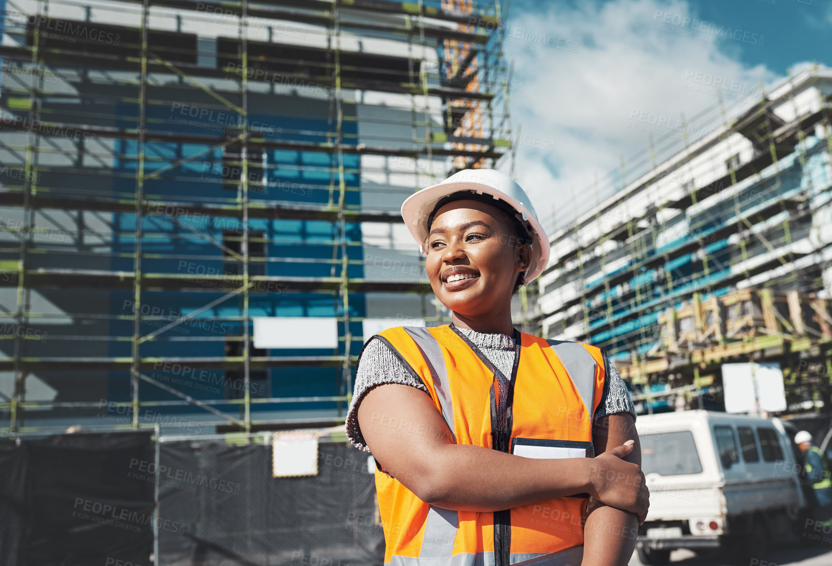 Buy stock photo Engineer, construction and a black woman thinking outdoor at building site for development and architecture. Female contractor happy for project management, engineering and equal opportunity in city
