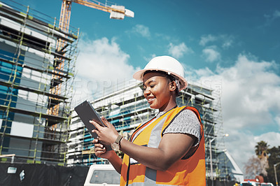 Buy stock photo Outdoor, business an black woman with a tablet, construction site and update schedule for new project. Female person, employee or inspector with technology, check progress or architecture with growth