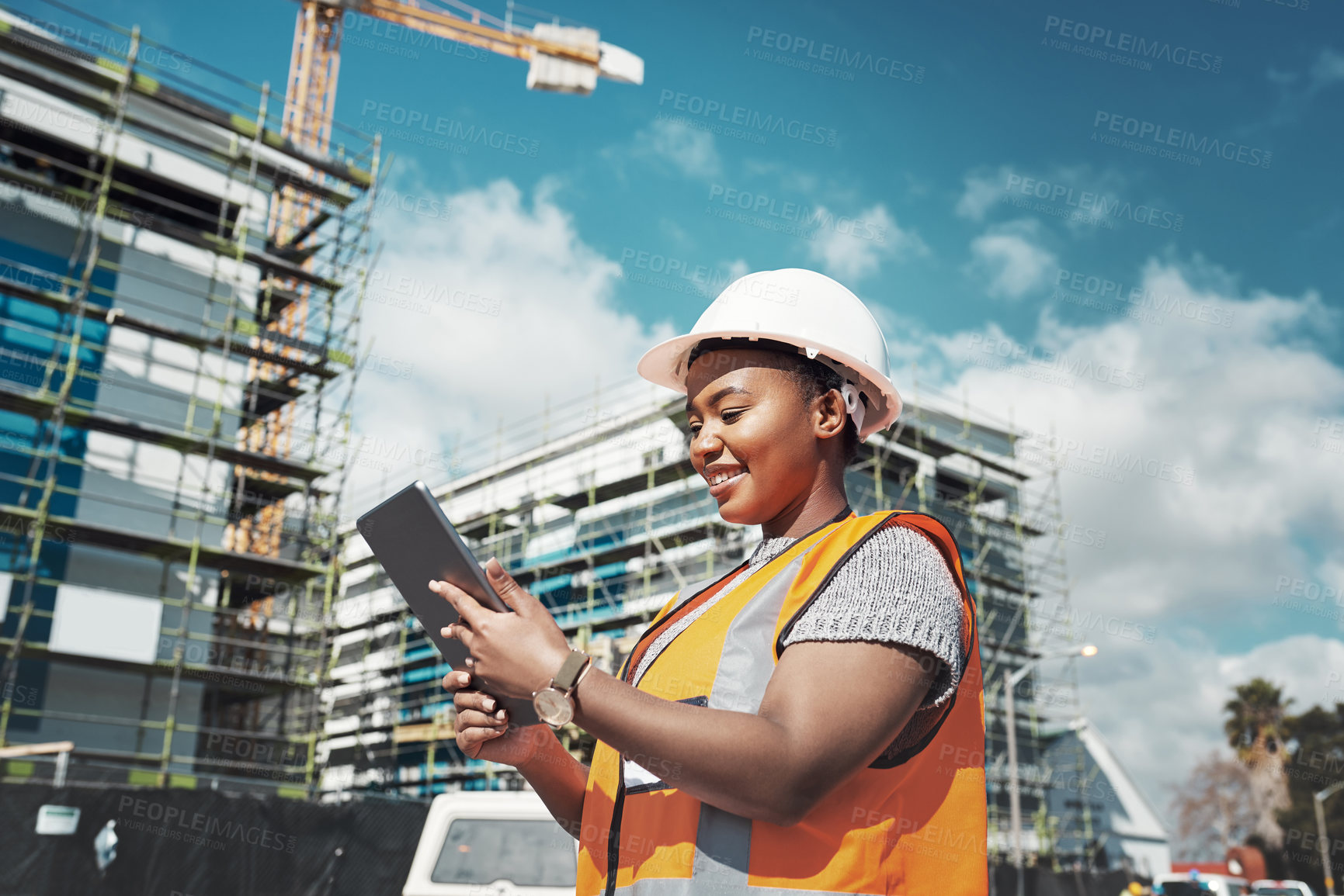Buy stock photo Outdoor, business an black woman with a tablet, construction site and update schedule for new project. Female person, employee or inspector with technology, check progress or architecture with growth