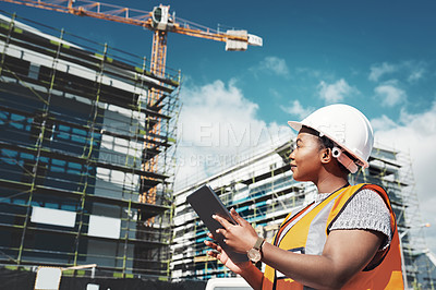 Buy stock photo Engineer woman, construction and tablet outdoor for building development and architecture. Black female contractor with planning app for project management, engineering and safety inspection in city
