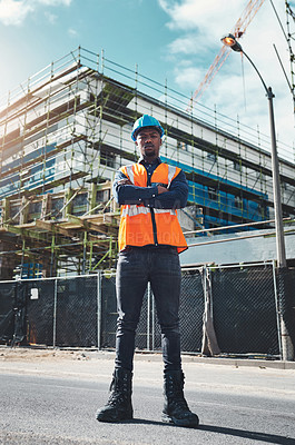Buy stock photo Construction, engineer man and portrait at building project for development and architecture. Black male contractor serious about project management, engineering and inspection outdoor in city
