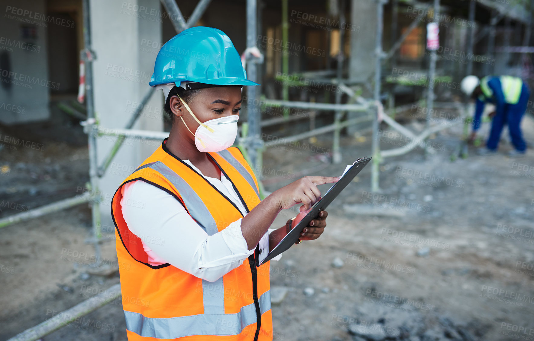 Buy stock photo Black woman, tablet and construction for engineering, planning and site assessment with floor plan. Architect, tech and contractor outdoor for project management, building development and renovation