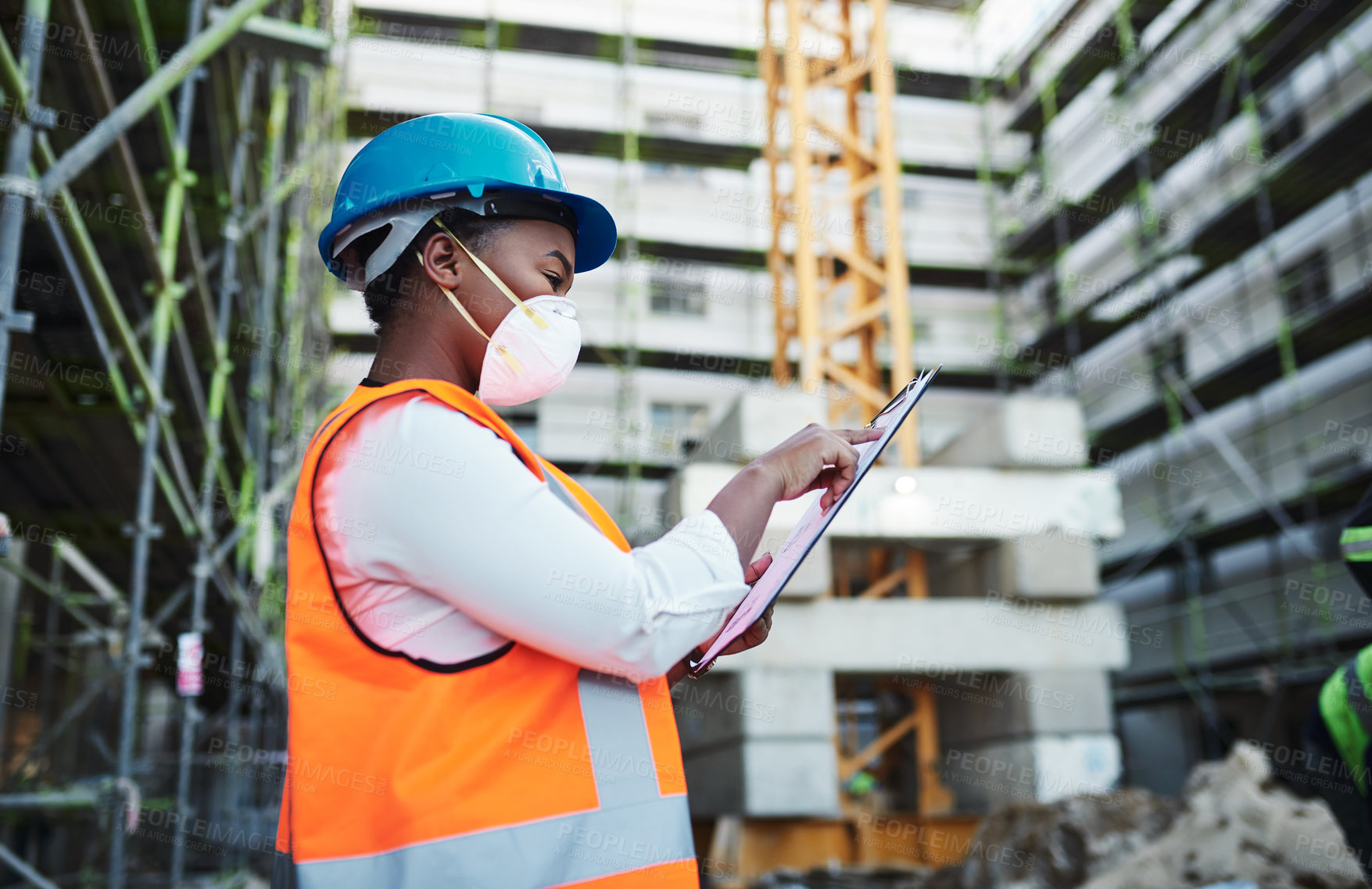 Buy stock photo Black woman, tablet and construction for architecture, planning and site assessment with floor plan. Architect, tech and contractor outdoor for project management, building development and renovation