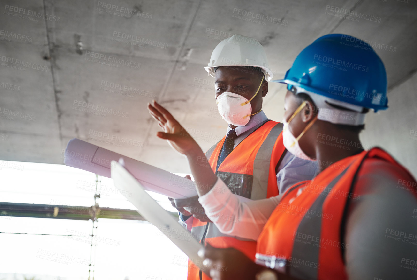 Buy stock photo Construction site, architecture and black people with blueprint for discussion, maintenance and inspection. Engineering, teamwork and manager with face mask for safety, floor plan and contractor job