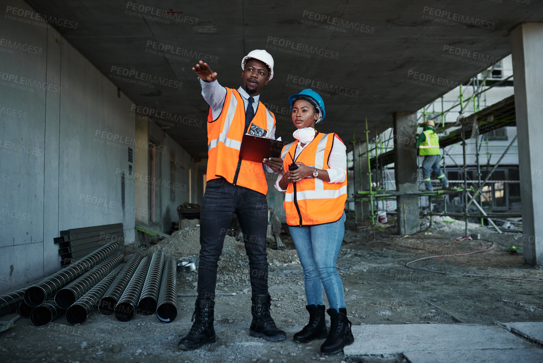 Buy stock photo Construction site, architecture and black people with clipboard for teamwork, maintenance or contractor. Engineering, employees and manager with face mask for safety, discussion or building checklist