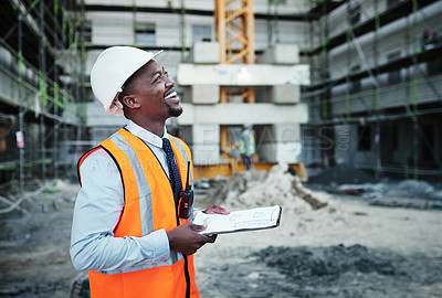 Buy stock photo Happy, black man and civil engineer with clipboard for inspection, planning or site construction in city. Young African, male person or architect with checklist for architecture or industrial project