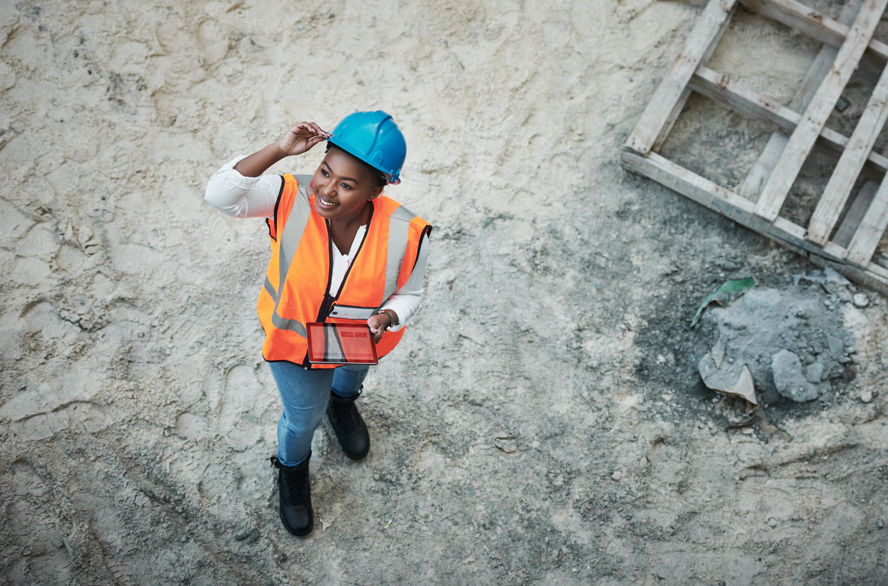 Buy stock photo Tablet, construction site and woman with building project and engineering for scaffolding and handyman inspection. Industrial, helmet and black female employee with contractor and protection gear