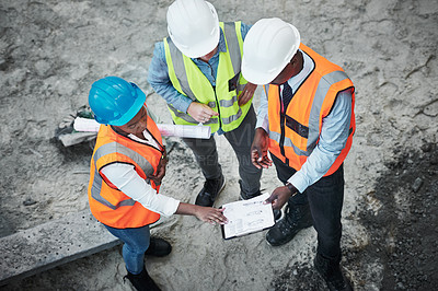 Buy stock photo Construction, planning and people with documents meeting for inspection, building and maintenance. Engineering, architecture and workers with paperwork for project, infrastructure and collaboration